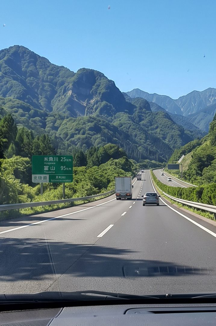 山間の高速道路を進む旅の風景