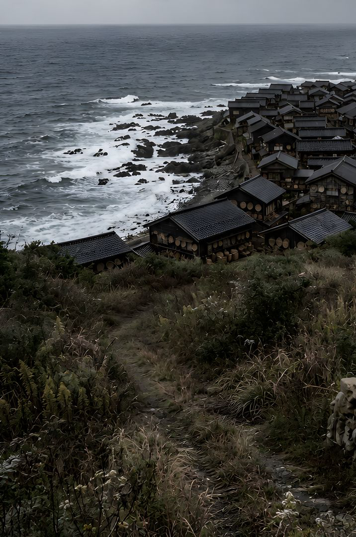 荒れた海と海沿いの集落を高台から見下ろす風景